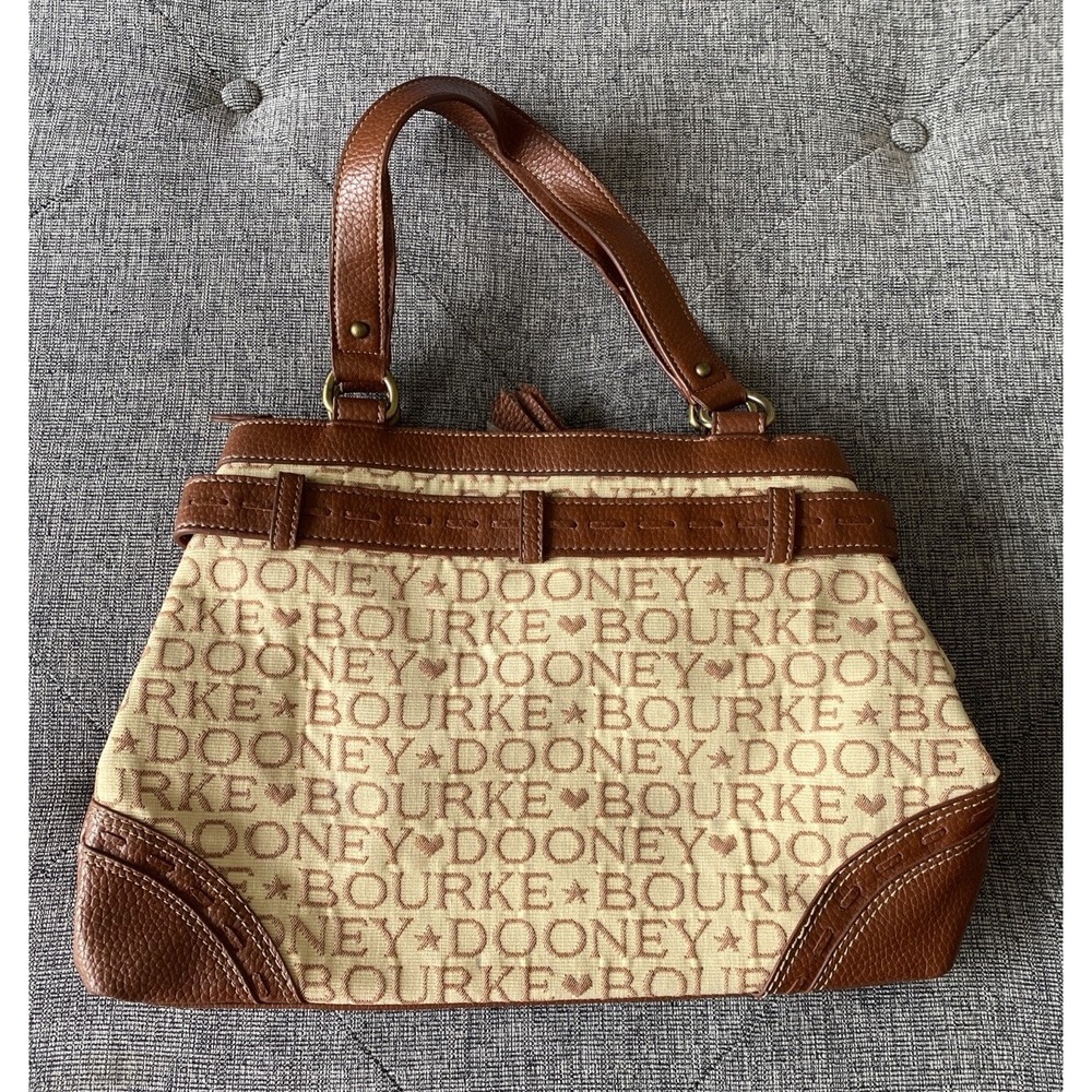 Vtg DOONEY & BOURKE Beige/Tan‎ SIGNATURE JACQUARD Canvas/Leather SATCHEL